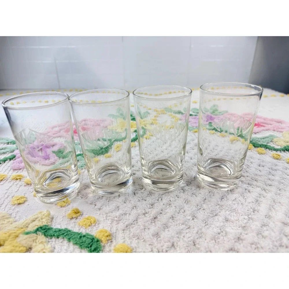 Vintage Etched Monogram Highball Glasses Set of 4‎ Clear Glass Tumblers 5.5 Inch